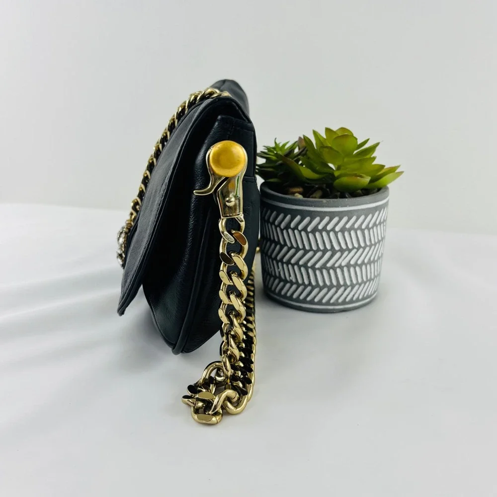 Wilsons Leather Black Leather Bag Shoulder or Clutch Gold Chain Rhinestone Crown